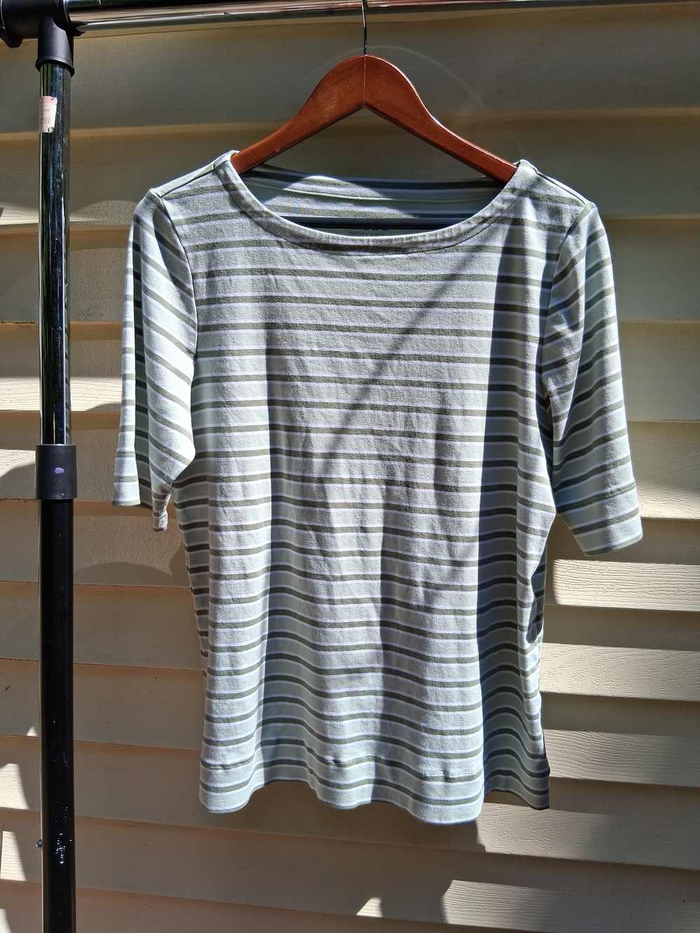 Chico's Women's White & Green Striped Short Sleeve Top Size XL 100% Cotton